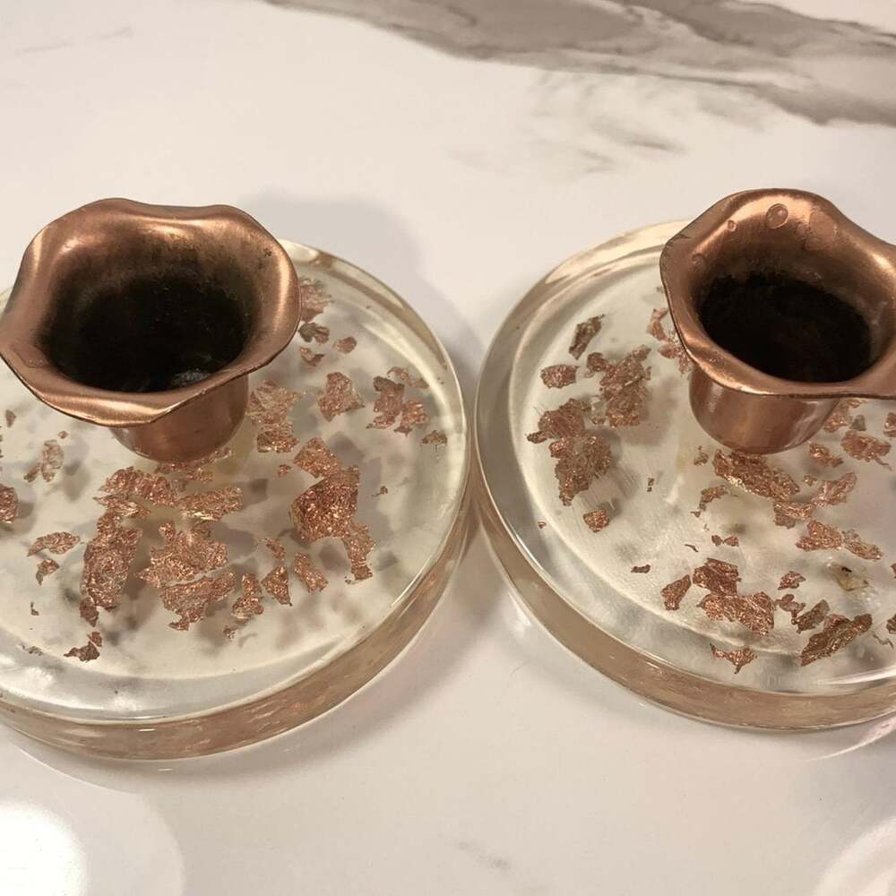Lucite candle holder MCM Grannycore set Gold Copper flecked round clear